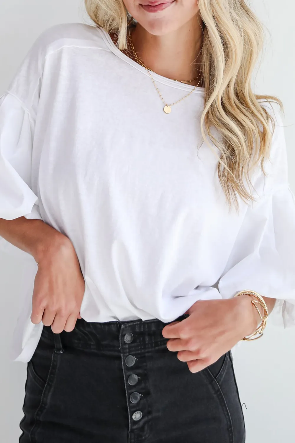 White Contrast Puff Sleeve Top