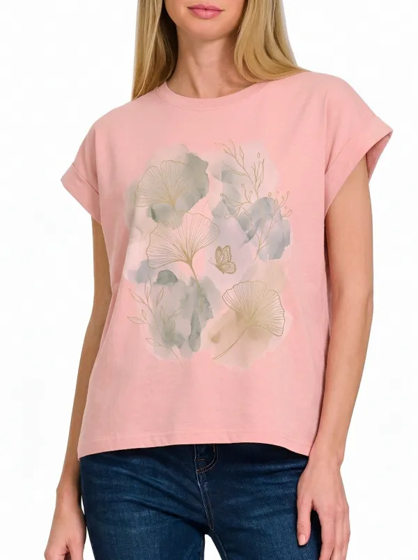 Women's Botanical Ginkgo Butterfly Watercolor Printed T-shirt