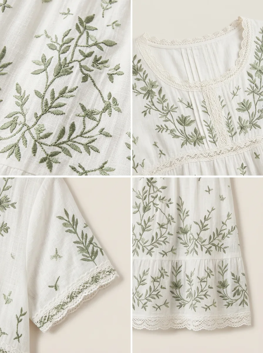 Women's Boho Floral Green Embroidered Lace Trim Short Sleeve Shirt