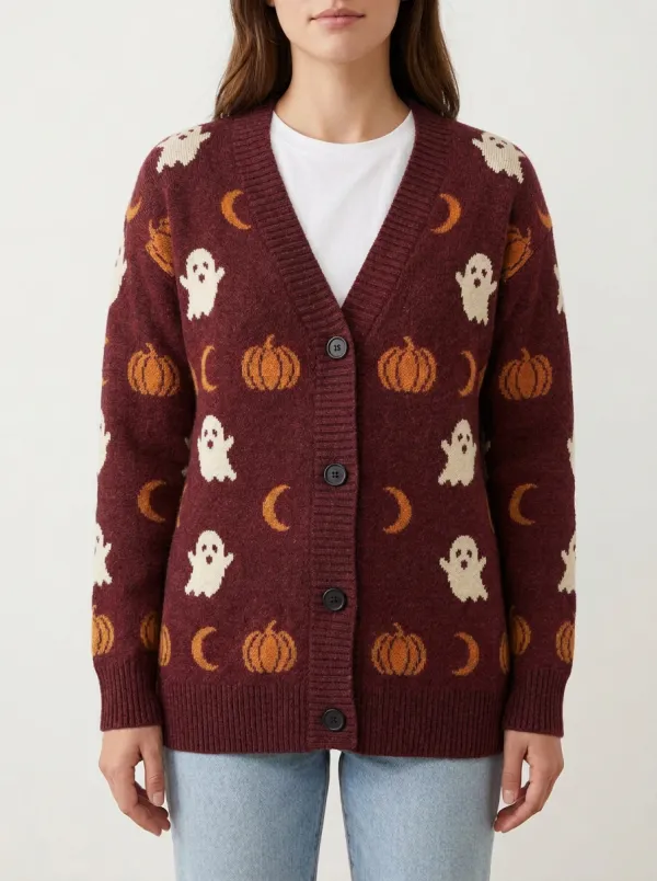 Women's Ghost Pumpkin Moon Halloween Print Cardigan