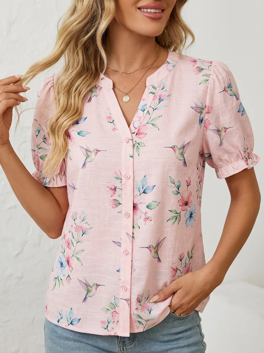 Hummingbird Floral Nature Women's Loose Printed T-Shirt