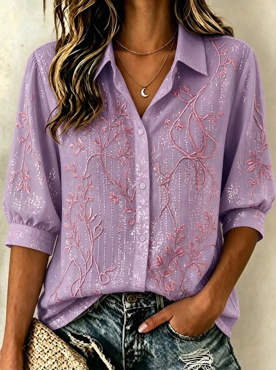 Women's Breast Cancer Awareness Floral Embroidered Printed Shirt