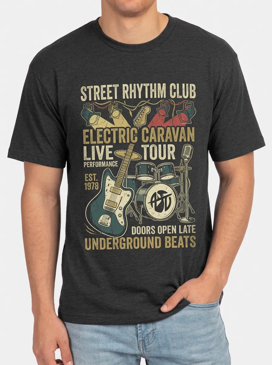 Men's Rock Band Electric Guitar Drum Printed T-shirt
