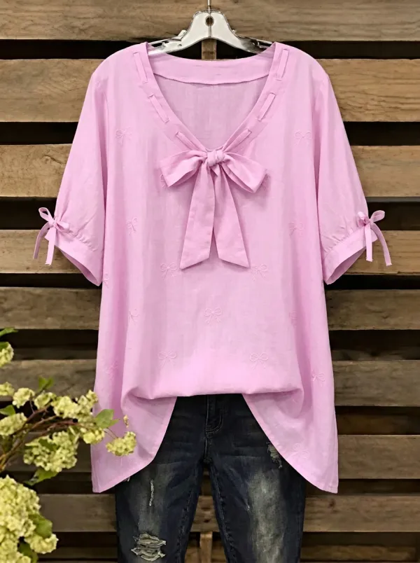 Women's V-neck Bow-detail Bow Embroidered Blouse