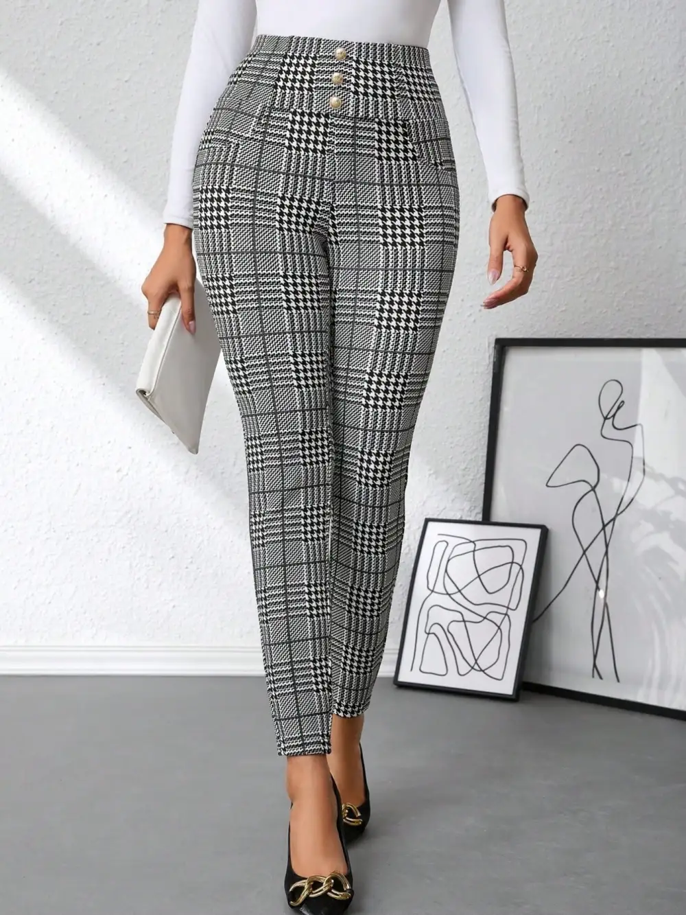 High Waist Plaid Slim Fit Pants