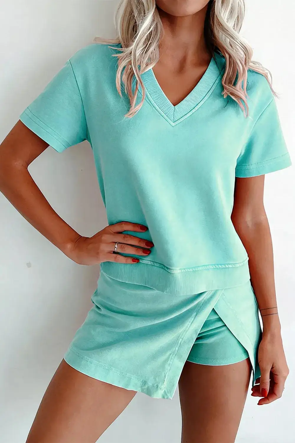 Casual V Neck Top Wrap Skort Set