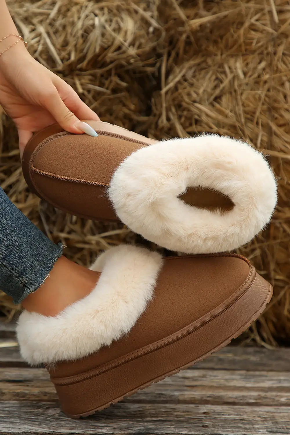 Suede Trim Thick Sole Slippers
