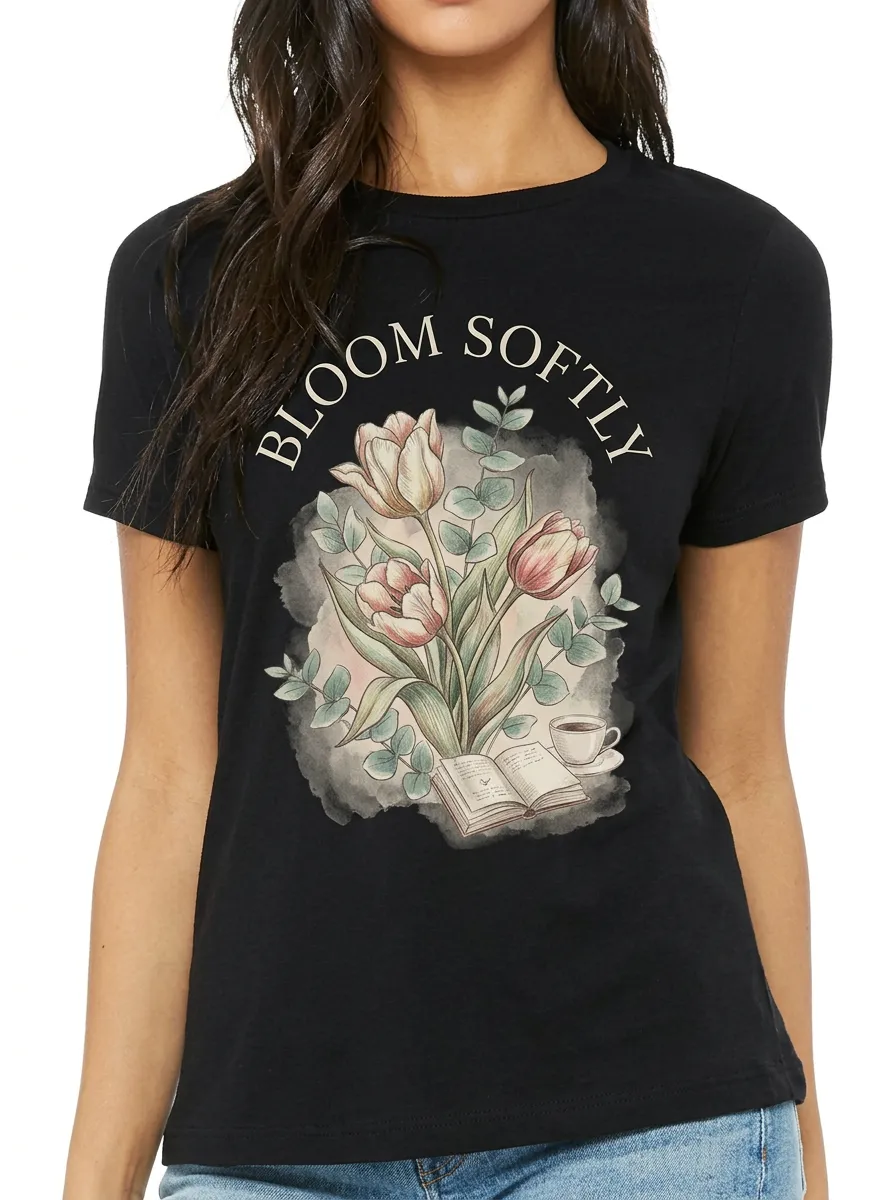 Women's Book Lover Tulip Flower Bloom Softly Printed T-shirt