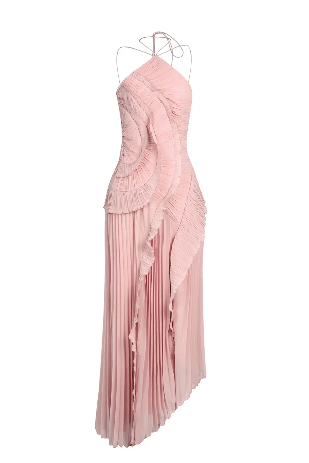 Pleated Frill Halter Neck Midi Dress