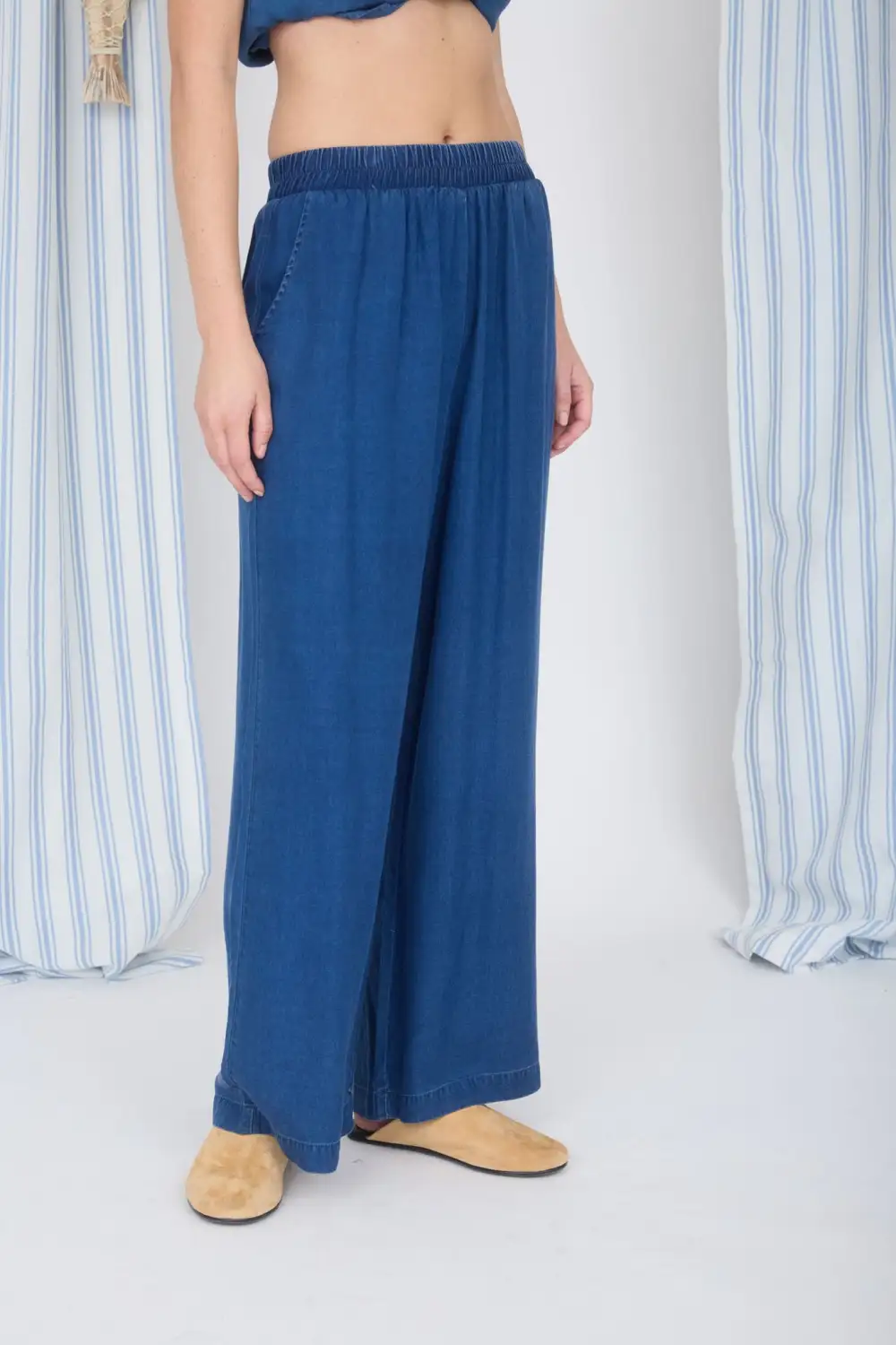 Chambray Elastic High Wide Leg Pants