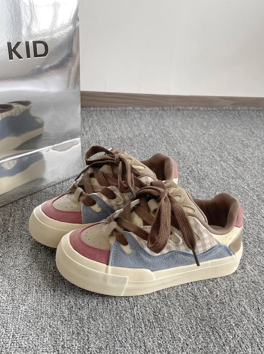 Women's Colorblock Gingham Polka Dot Printed Canvas Sneakers