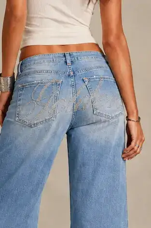Low Rise Rhinestone Detail Western Style Wide Leg Cuffed Denim Jeans