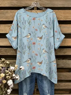 Bird Wildflower Floral Women's Loose Printed T-Shirt