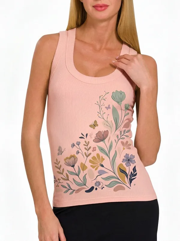 Women's Botanical Nature Lover Floral Butterfly Printed Ribbed Tank Top