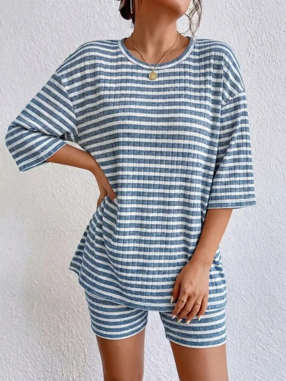 Striped Round Neck Top Shorts Set