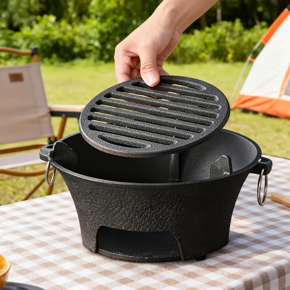 Cast Iron Tabletop Grill with Grate, Kitchen Tool for Mini Grilling and Searing