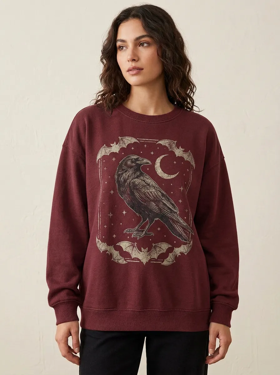 Women's Halloween Gothic Raven Moon Bat Printed Sweatshirt