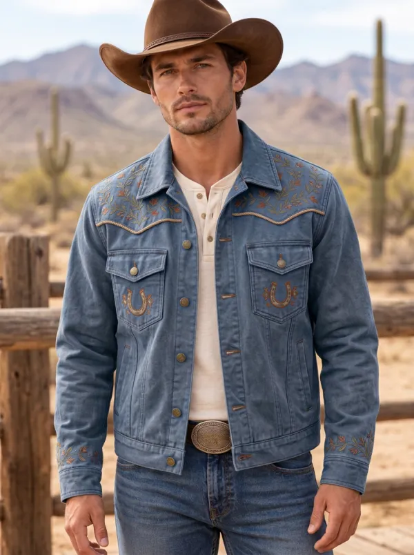 Western Trail Horseshoe Horse Floral Artwork Men's Western Jacket