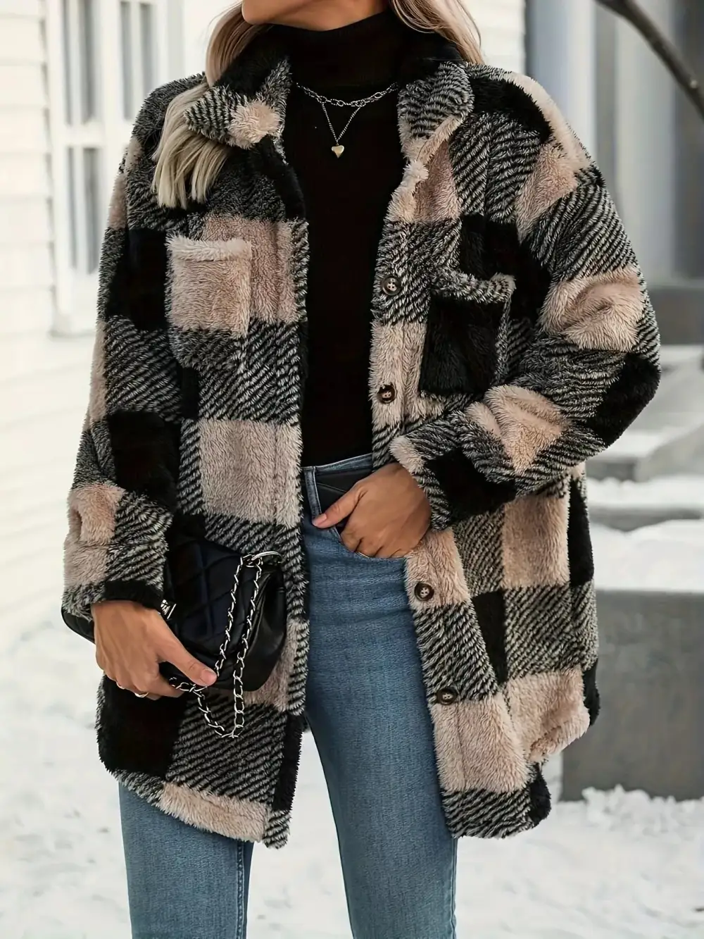 Plaid Fleece Button Down Outerwear Jacket