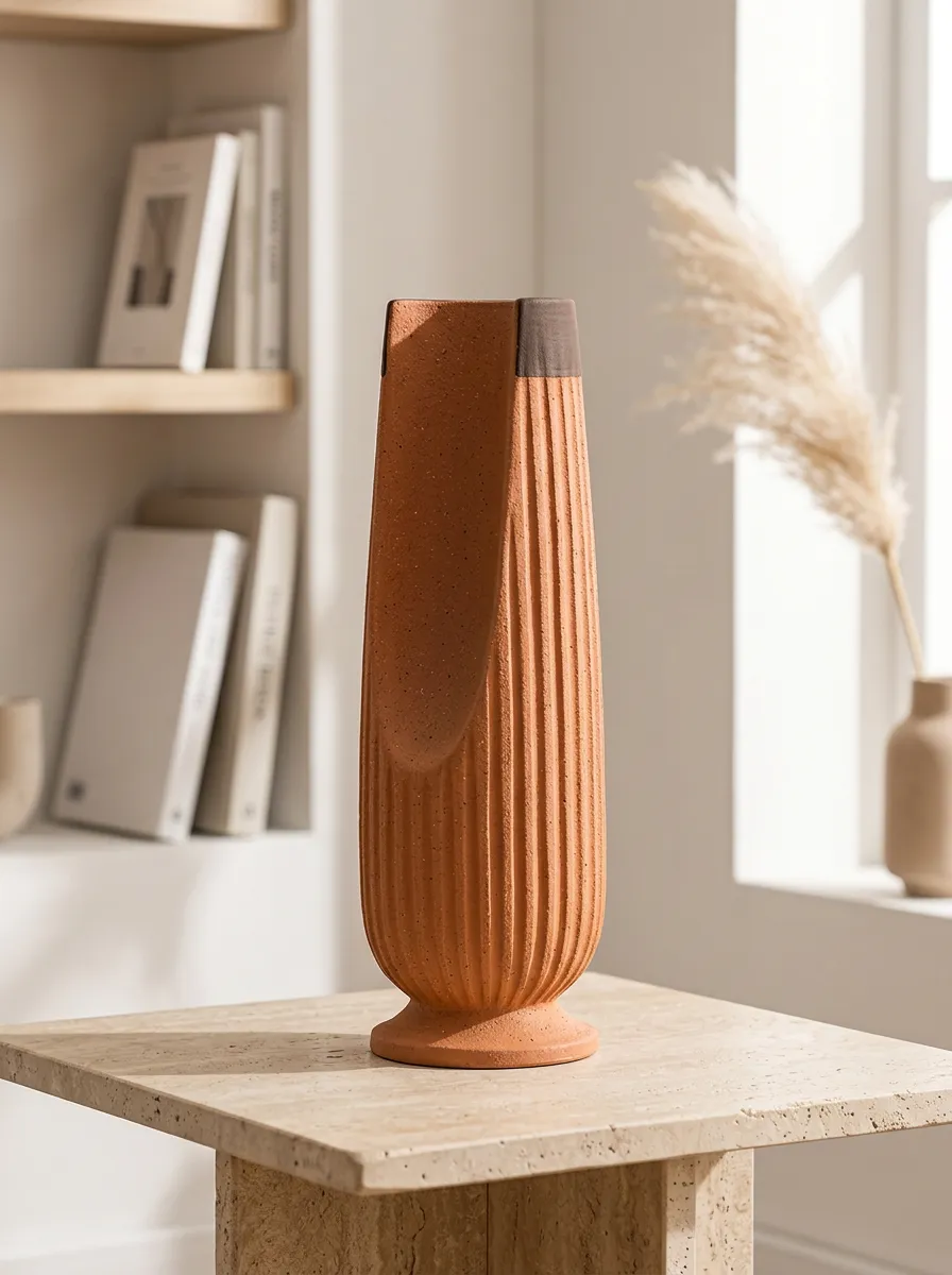Modern Home Decor Minimalist Ribbed Terracotta Ceramic Vase