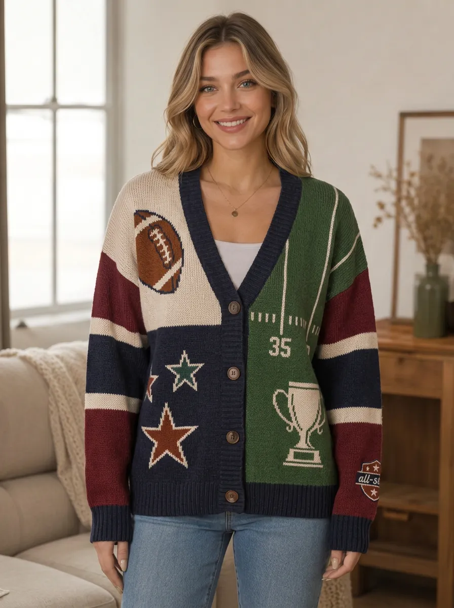 Women's Classic Gridiron Trophy Star Ball Knit Cardigan