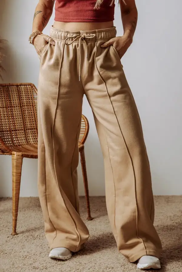 Textured Drawstring Wide Leg Pants With Pocket