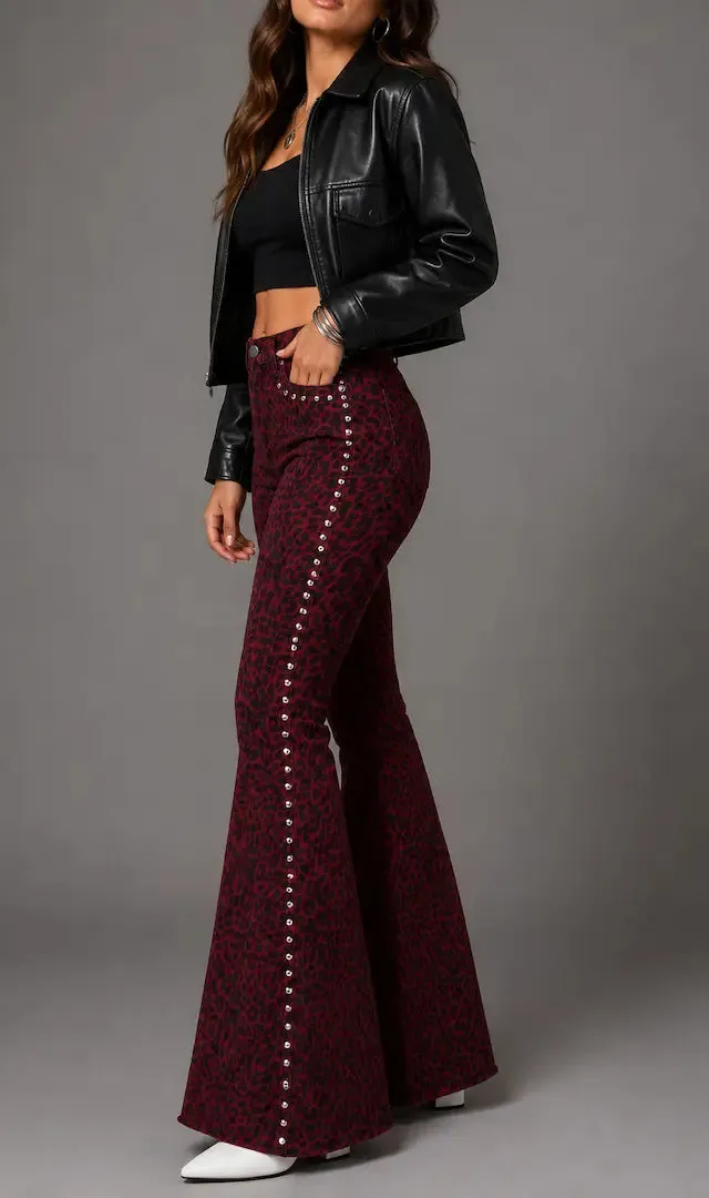 Studded Detail Leopard Print Bell Bottom Frayed Hem Everyday Denim Jeans