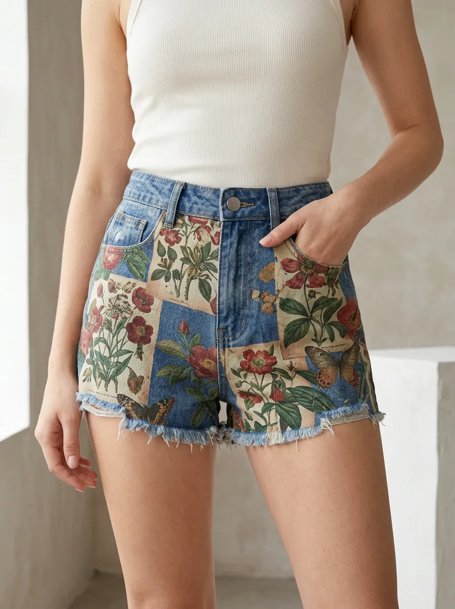 Women's Vintage Botanical Butterfly Printed Denim Shorts