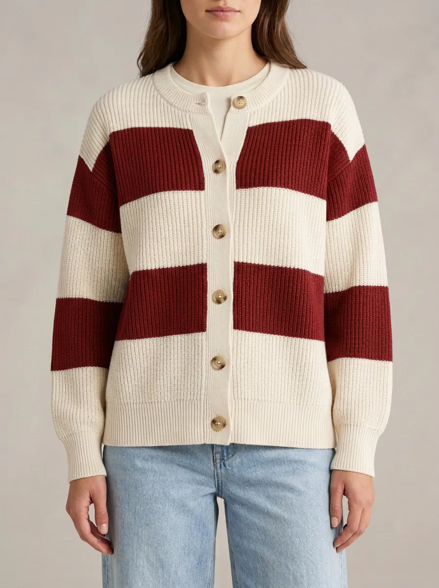 Collegiate Style Distinctive Rugby Striped Knit Cardigan