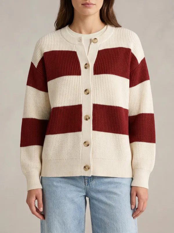 Collegiate Style Distinctive Rugby Striped Knit Cardigan