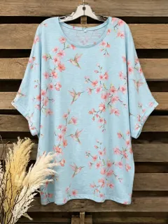 Garden-Inspired Hummingbird Cherry Blossom Women's Loose Printed T-Shirt