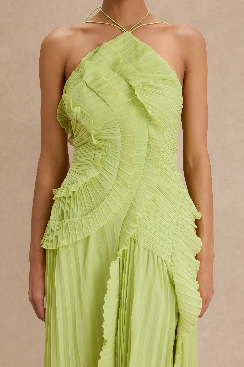 Pleated Frill Halter Neck Midi Dress