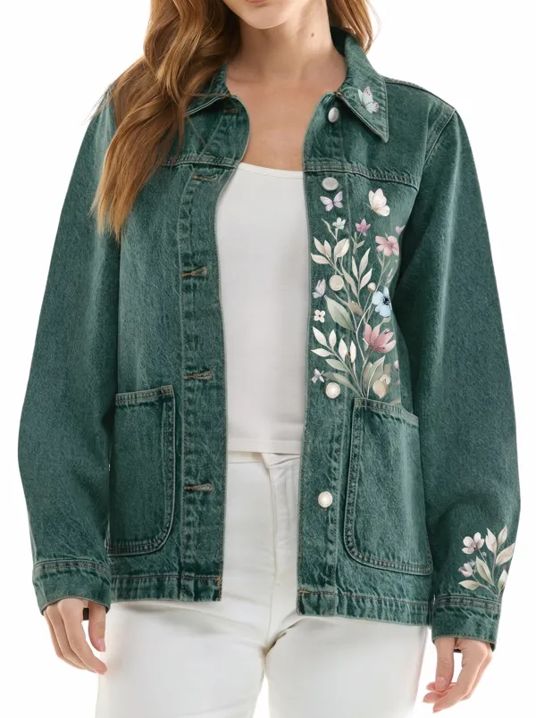 Women's Floral Butterfly Nature Printed Denim Jacket