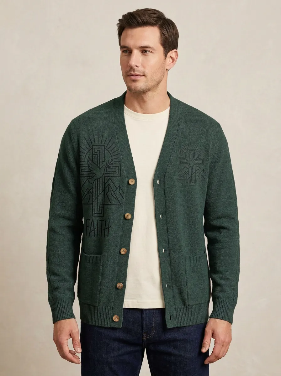 Men's Faith Christian Cross Dove Printed Cardigan