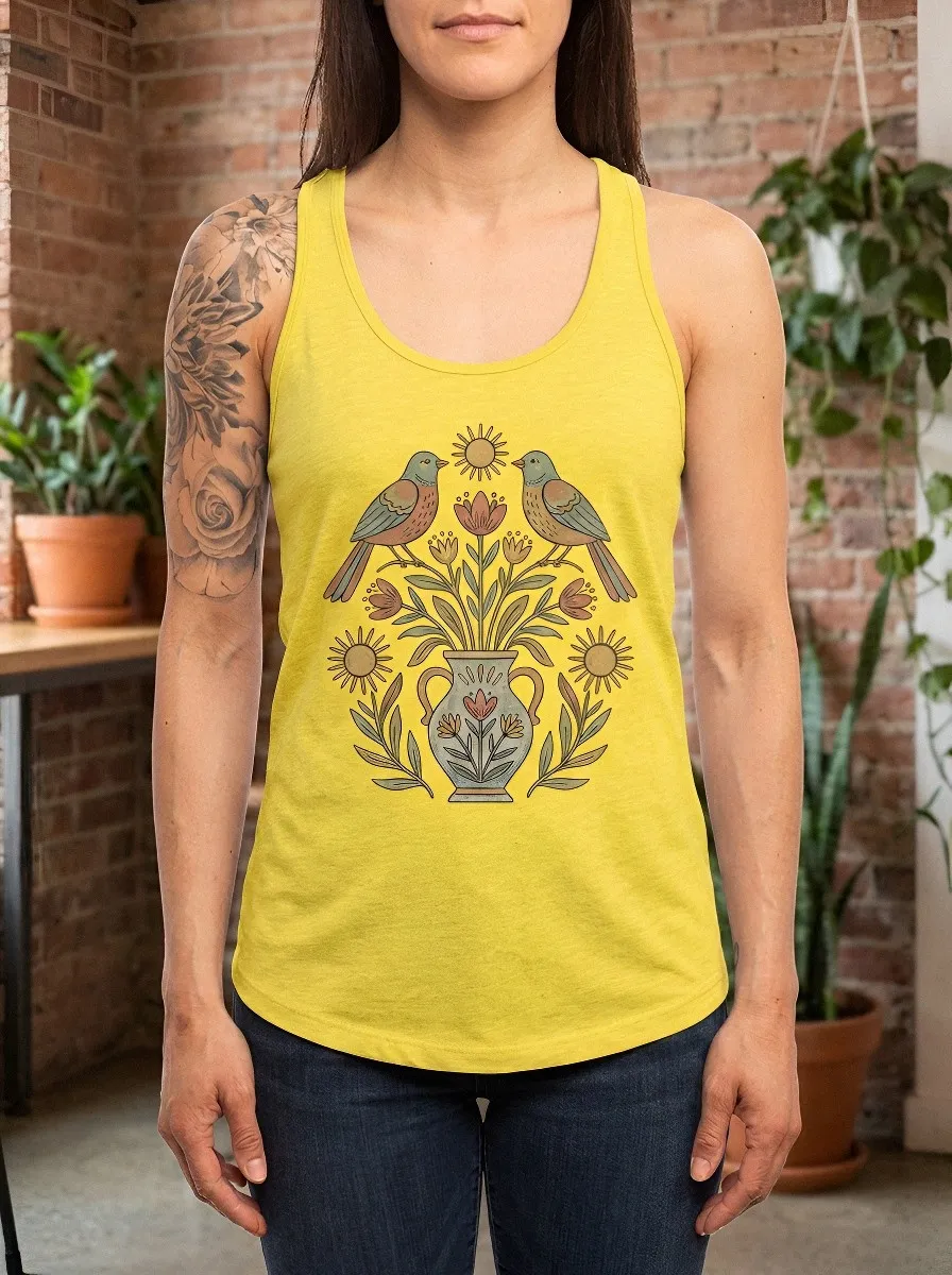 Women's Nature Lover Bird Floral Vase Printed Tank Top