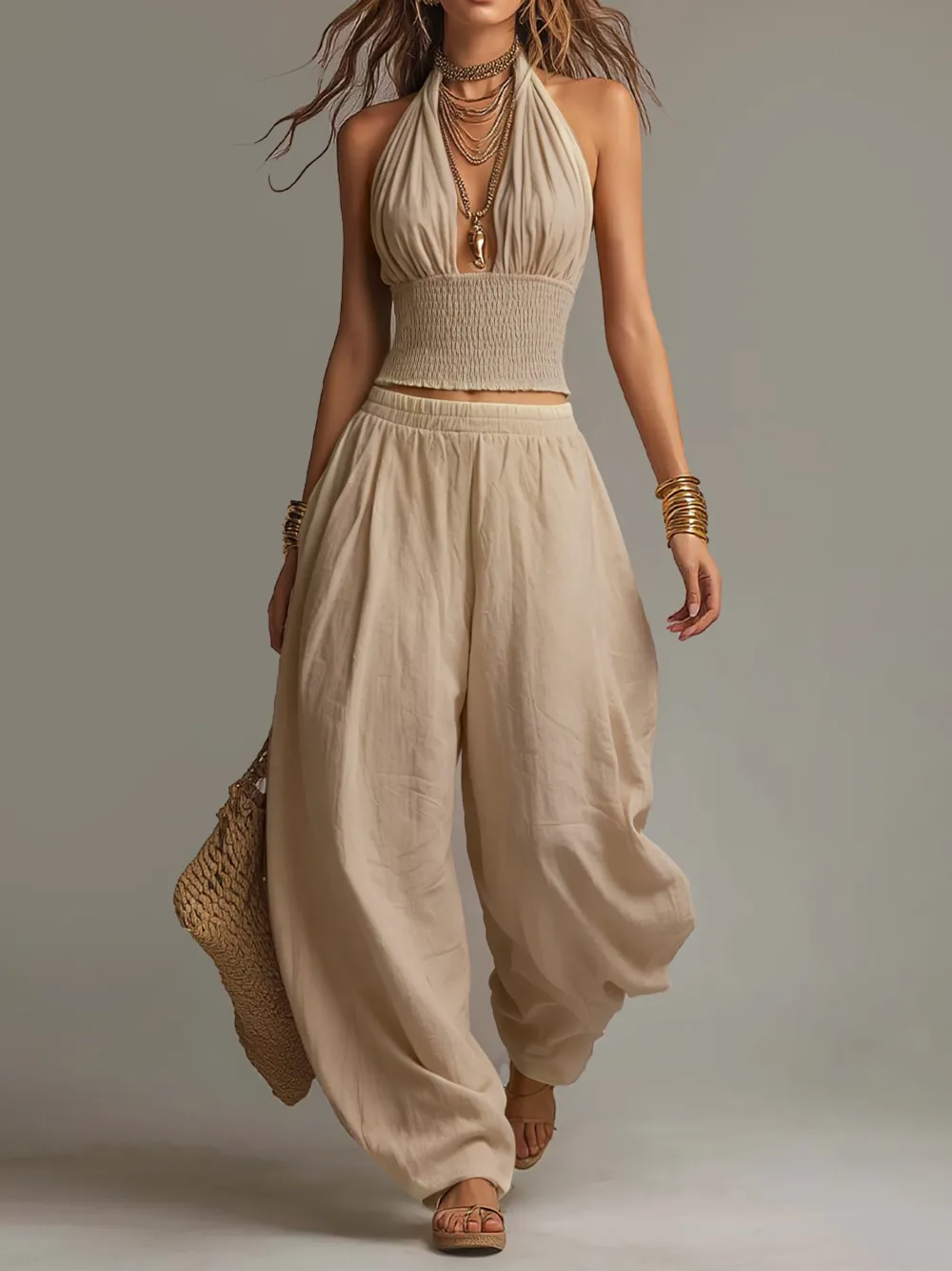 Bohemian Cotton-Linen Halter Smocked Crop Top & Harem Pants Two-Piece Set
