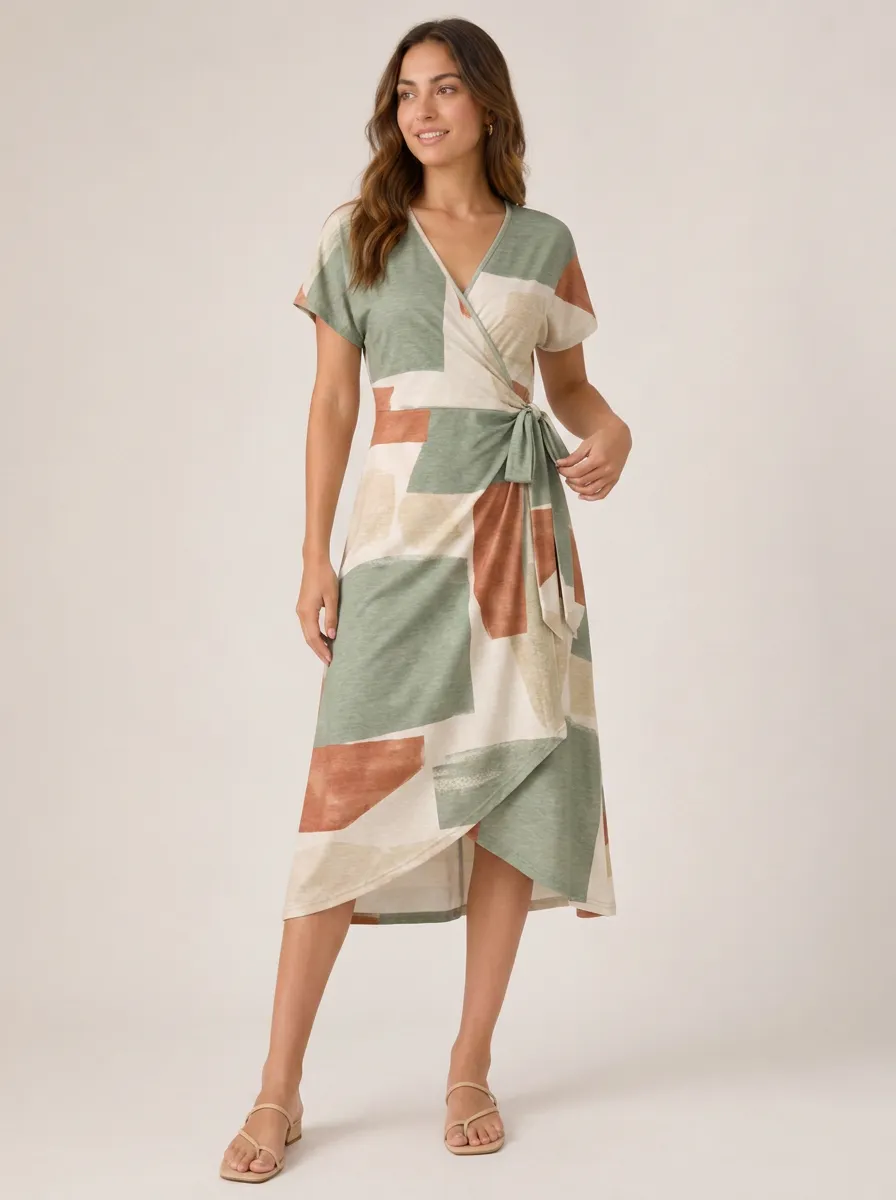 Women's Geometric Abstract Print V-Neck Wrap Dress