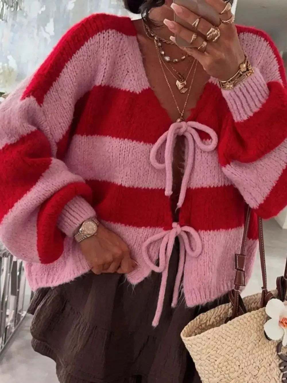 Tie-Front Knit Striped Cardigan