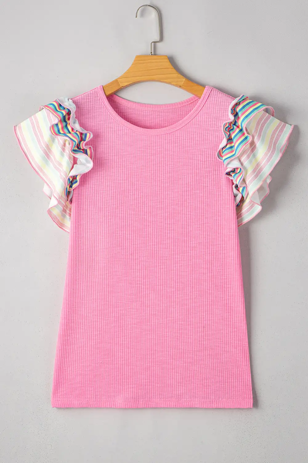 Striped Ruffled Ribbed Blouse