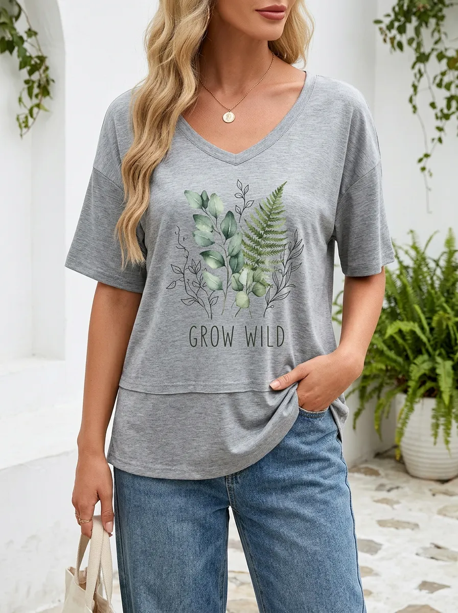 Women's Nature Lover Grow Wild Fern Eucalyptus Printed V-neck T-shirt