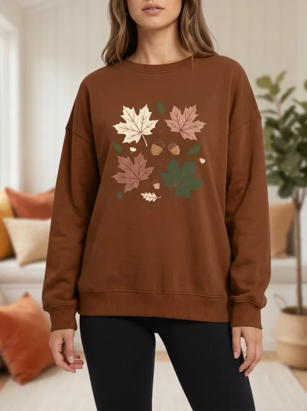 Waffle-Knit Maple-Leaf Printed Acorn Graphic Sweatshirt