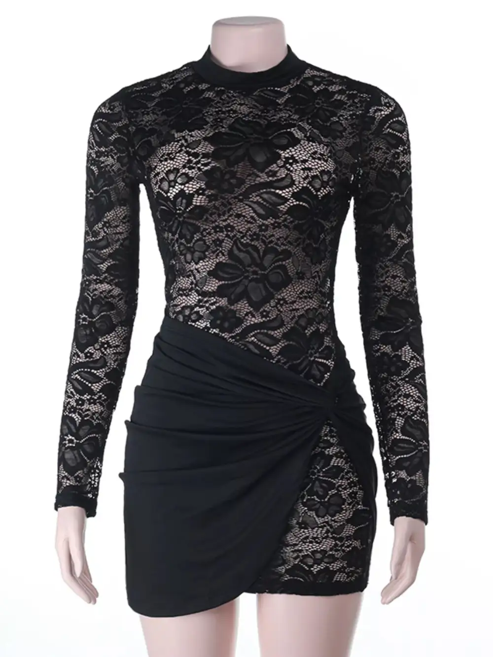 Smooth Finish Lace Long Sleeve Mini Dress