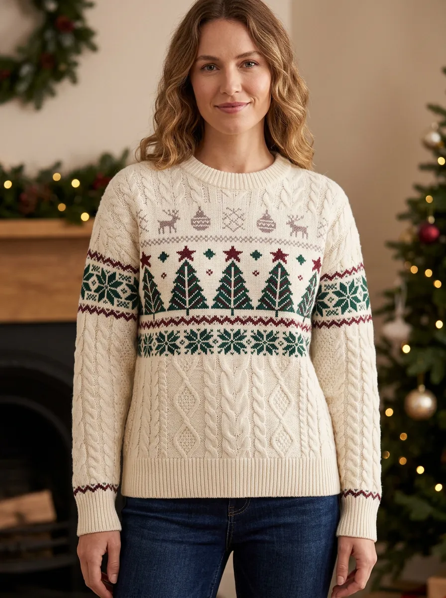 Christmas Holiday Reindeer Tree Snowflake Pattern Knitted Sweater
