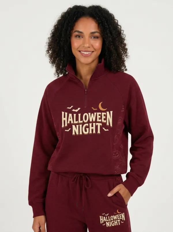 Women's Halloween Night Bat Moon Printed Quarter-Zip Tracksuit