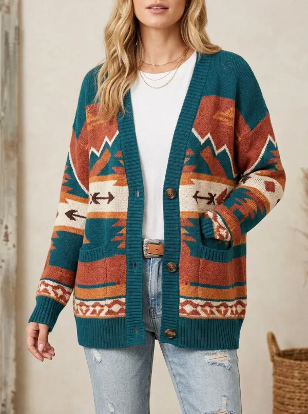 Women's Western Style Geometric Aztec Pattern Knitted Cardigan