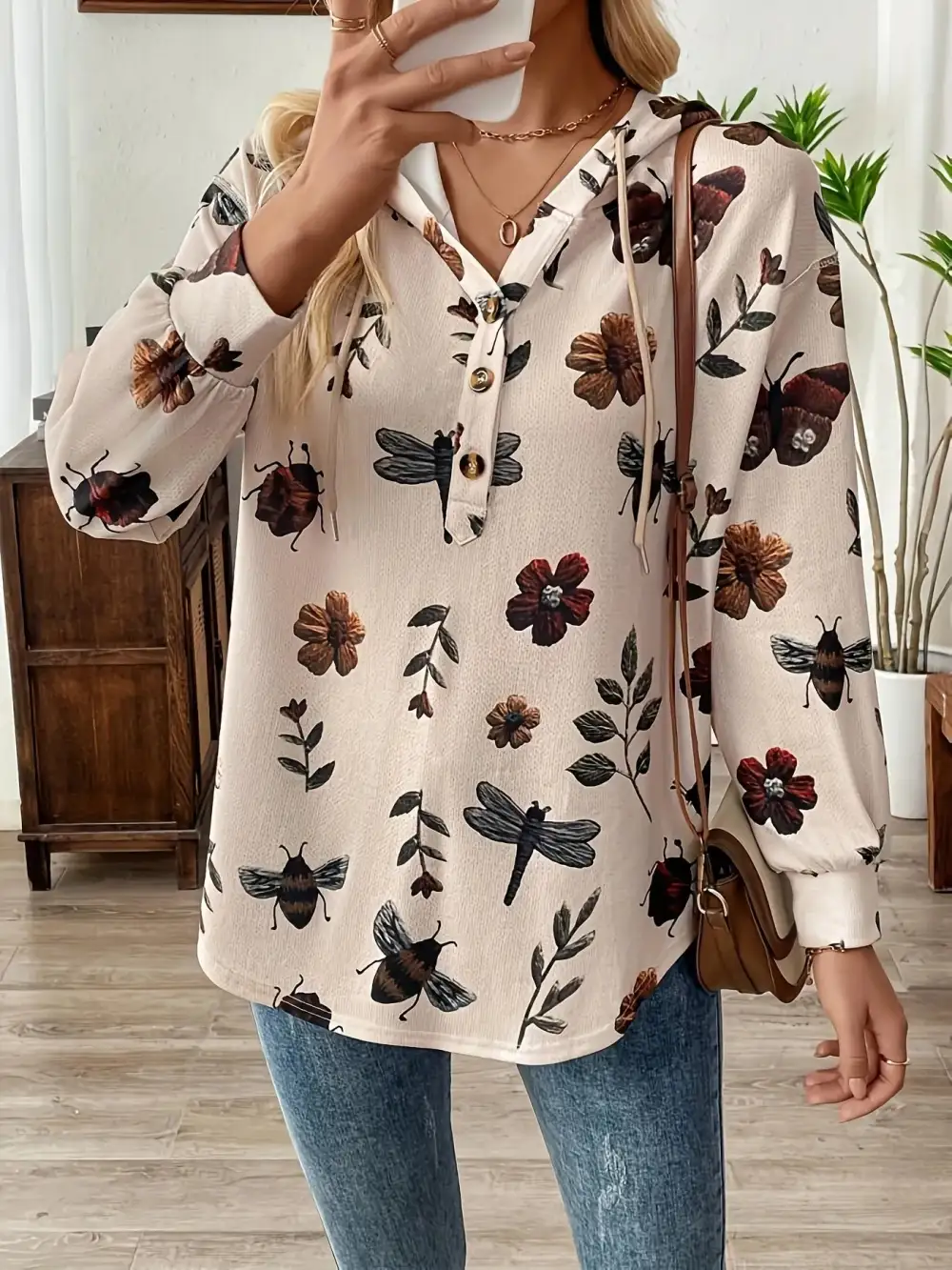 Drawstring Button-Front Buttoned Hoodie