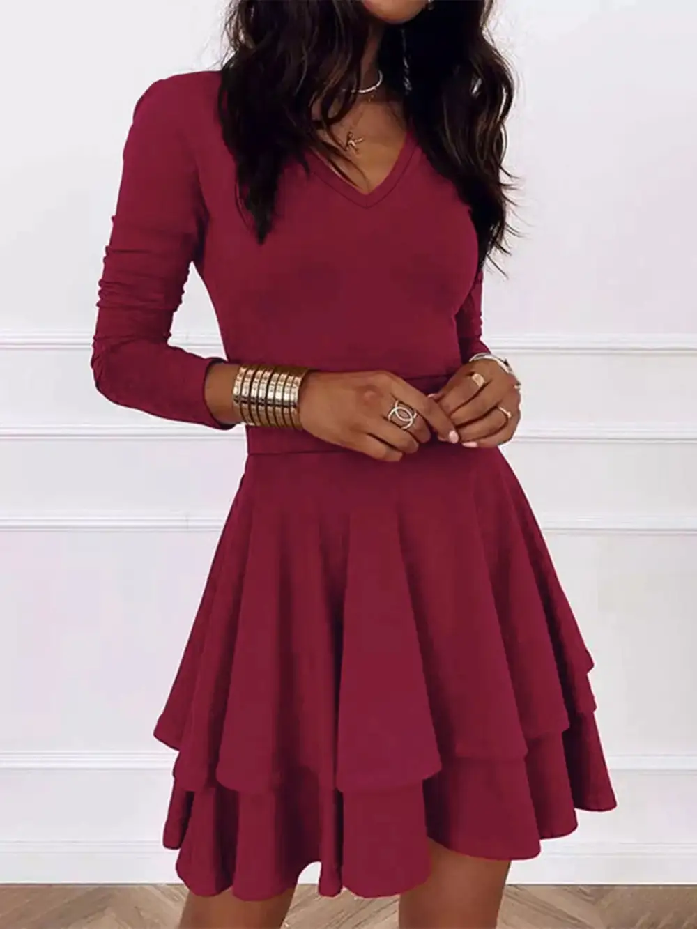 Finish V Neck Ruffle Mini Dress