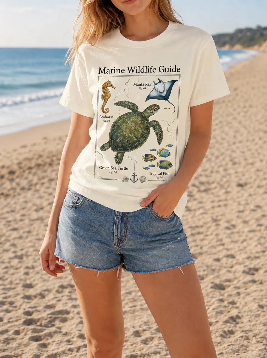 Women's Marine Life Lover Sea Turtle Manta Ray Printed T-shirt