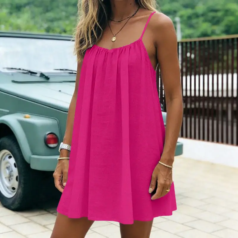 🌿Women's Summer Ruched Backless Cami Mini Dress, Spaghetti Strap A-Line Loose Fit Vacation Short Dress