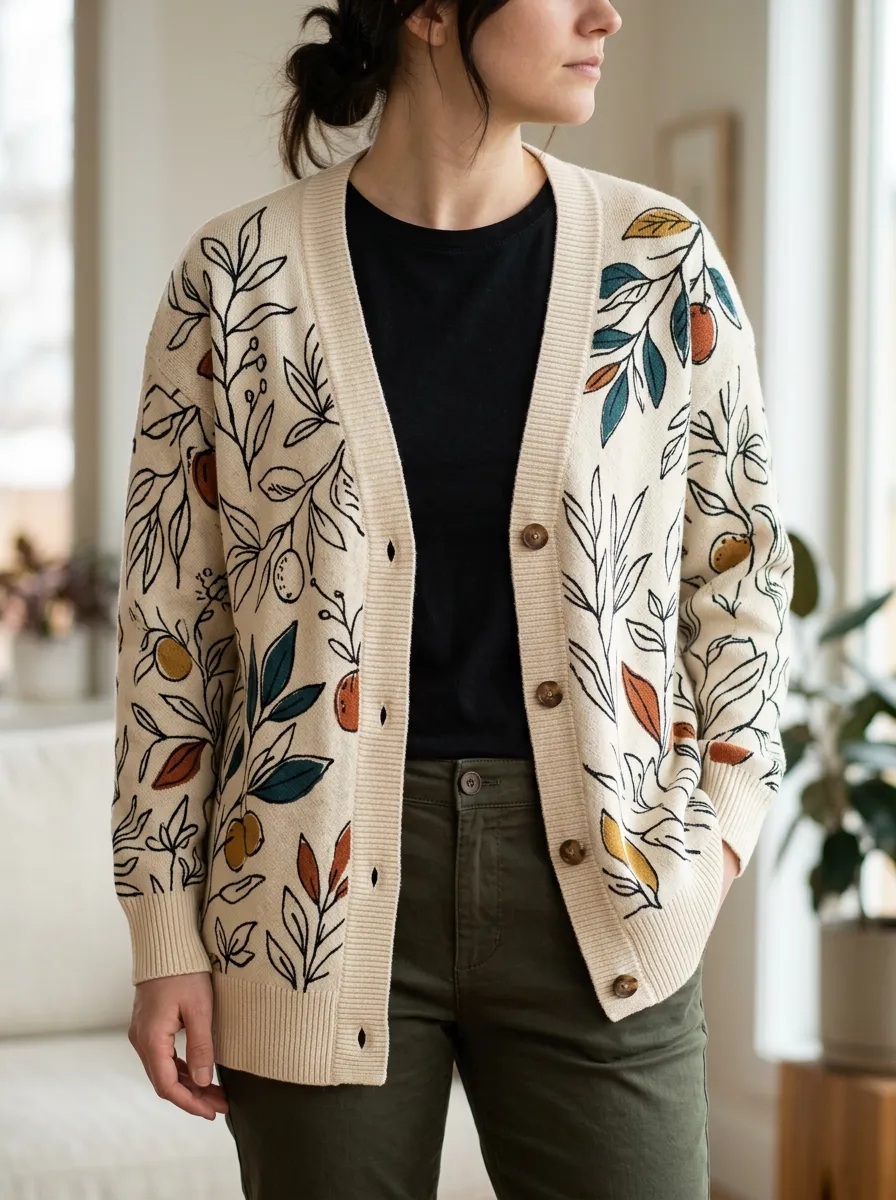 Women's Botanical Fruit Lover Citrus Leaves Printed Cardigan